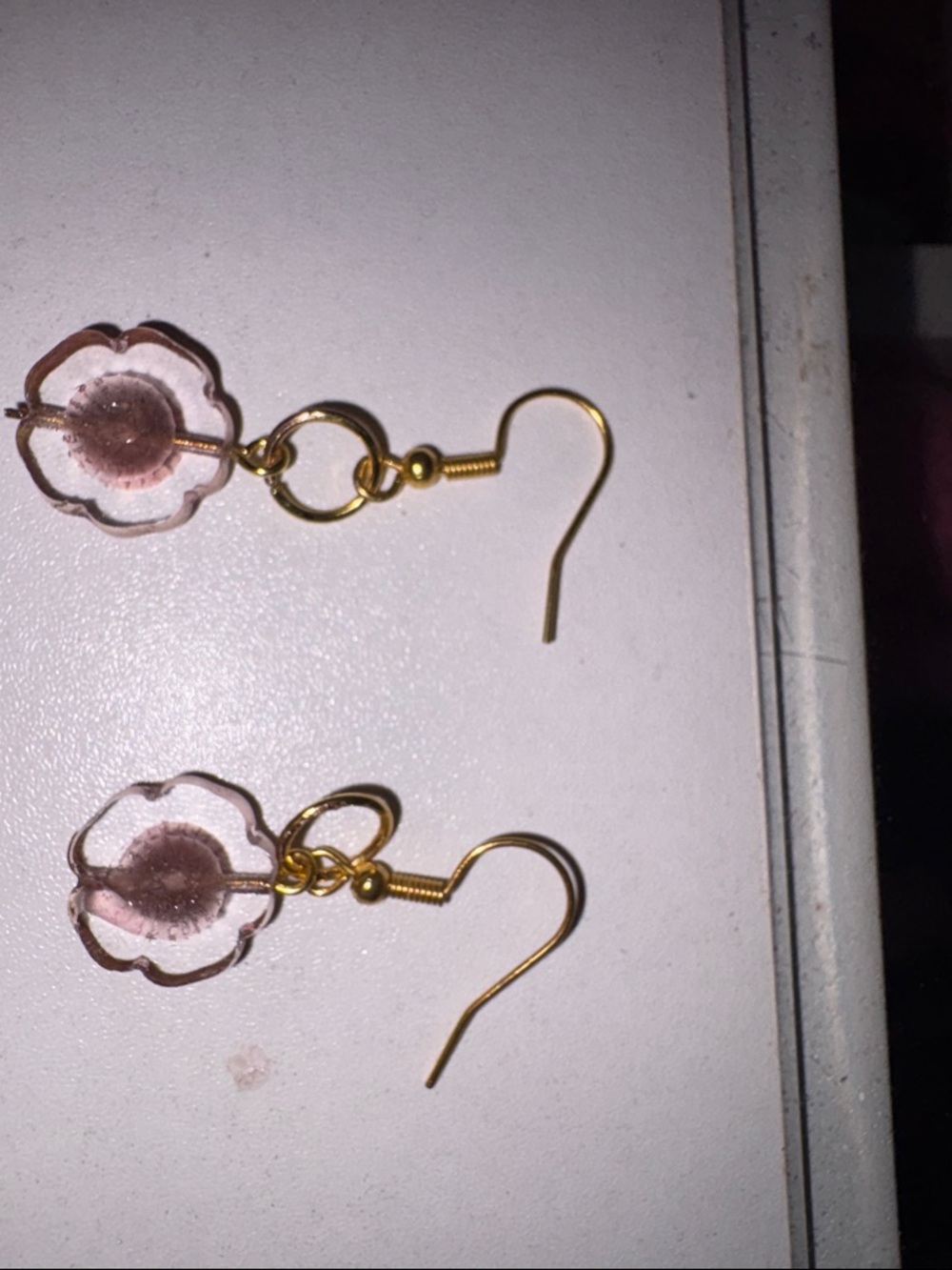 Gold Pink Flower Drop Earrings